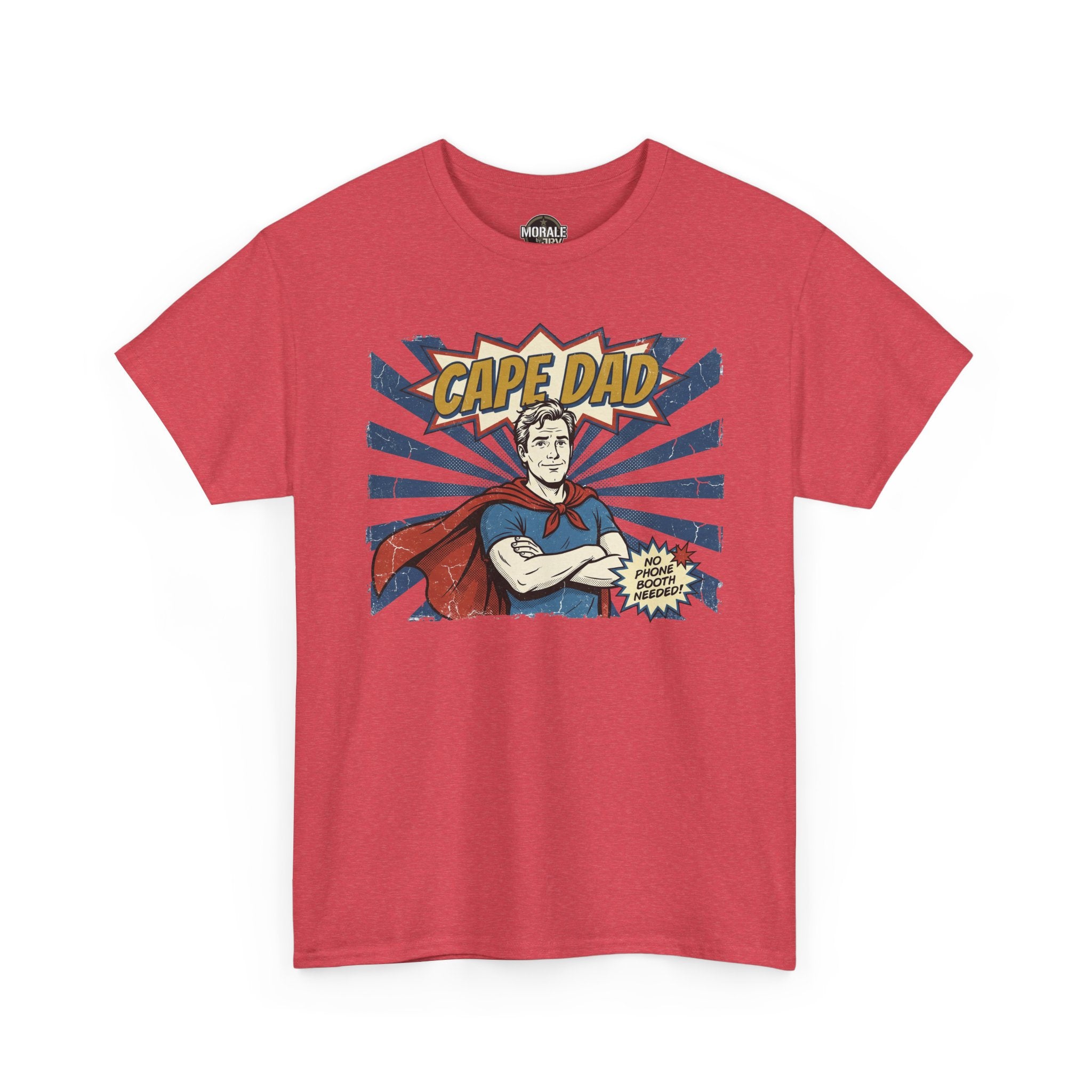 Red Cape Dad superhero T-shirt with retro comic pop art chest print