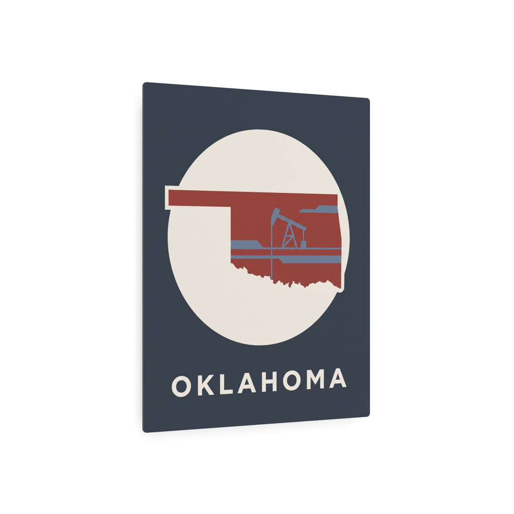 Oklahoma metal wall sign featuring circular state silhouette and oil rig icon, “OKLAHOMA”