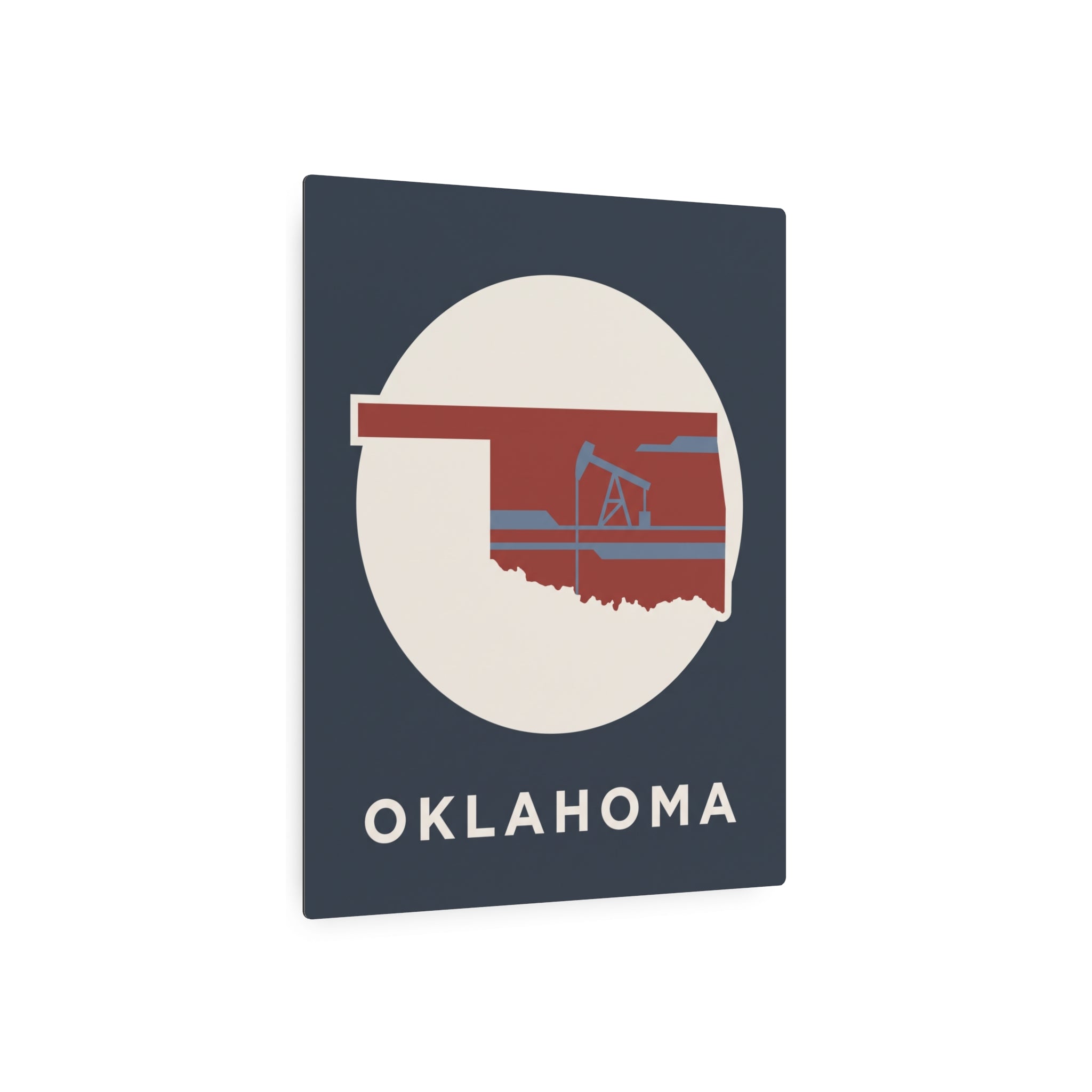Oklahoma metal wall sign featuring circular state silhouette and oil rig icon, “OKLAHOMA”