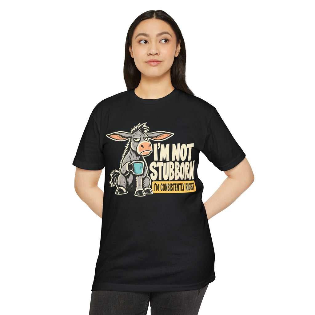 Black crew-neck t-shirt with stubborn donkey coffee graphic, worn