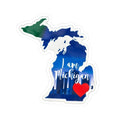 Michigan map sticker with 'I am Michigan' text and red heart, white border
