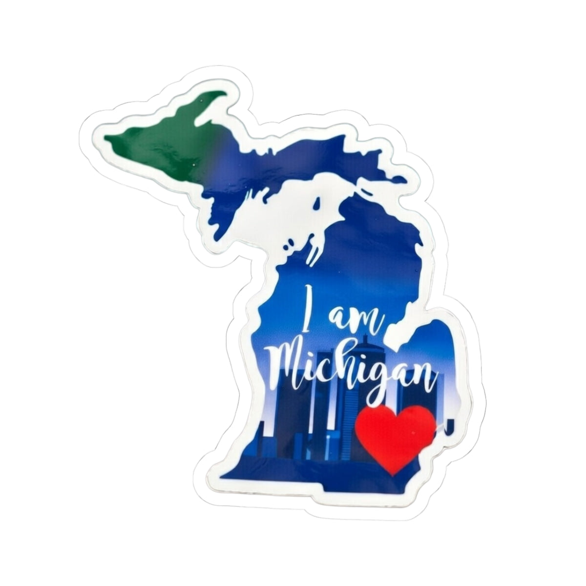 Michigan map sticker with 'I am Michigan' text and red heart, white border
