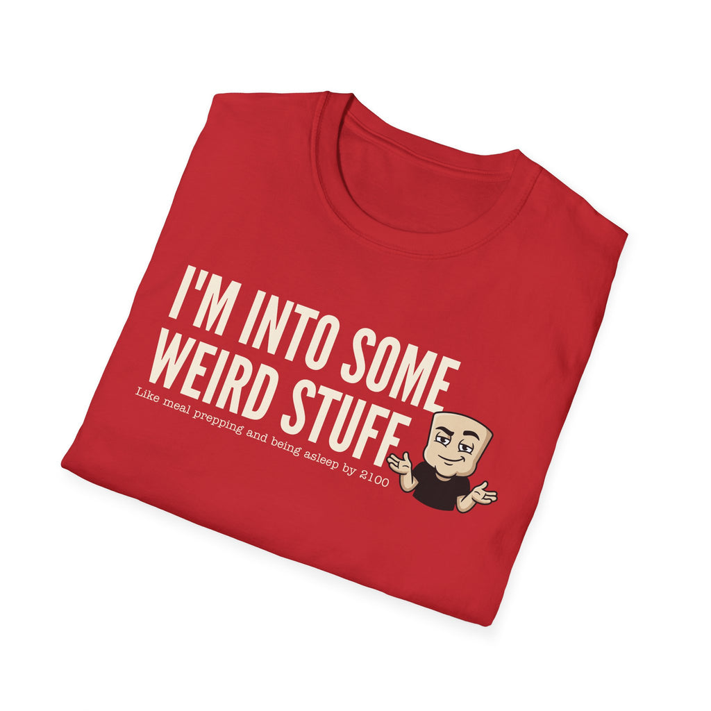 Red T-shirt with weird stuff slogan and character graphic