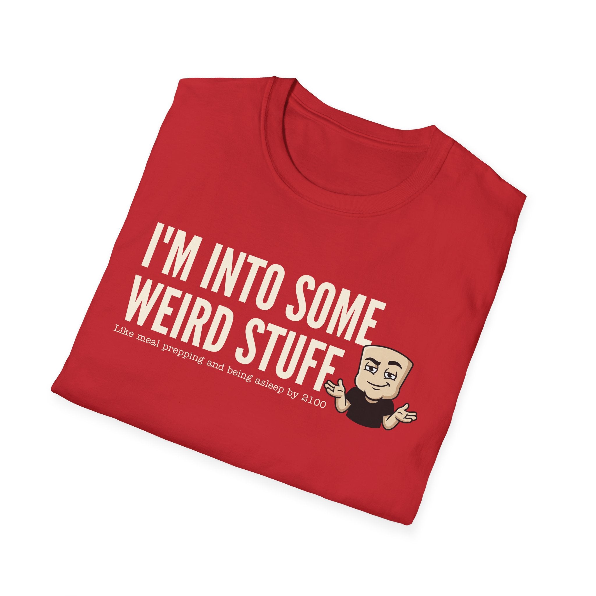 Red T-shirt with weird stuff slogan and character graphic