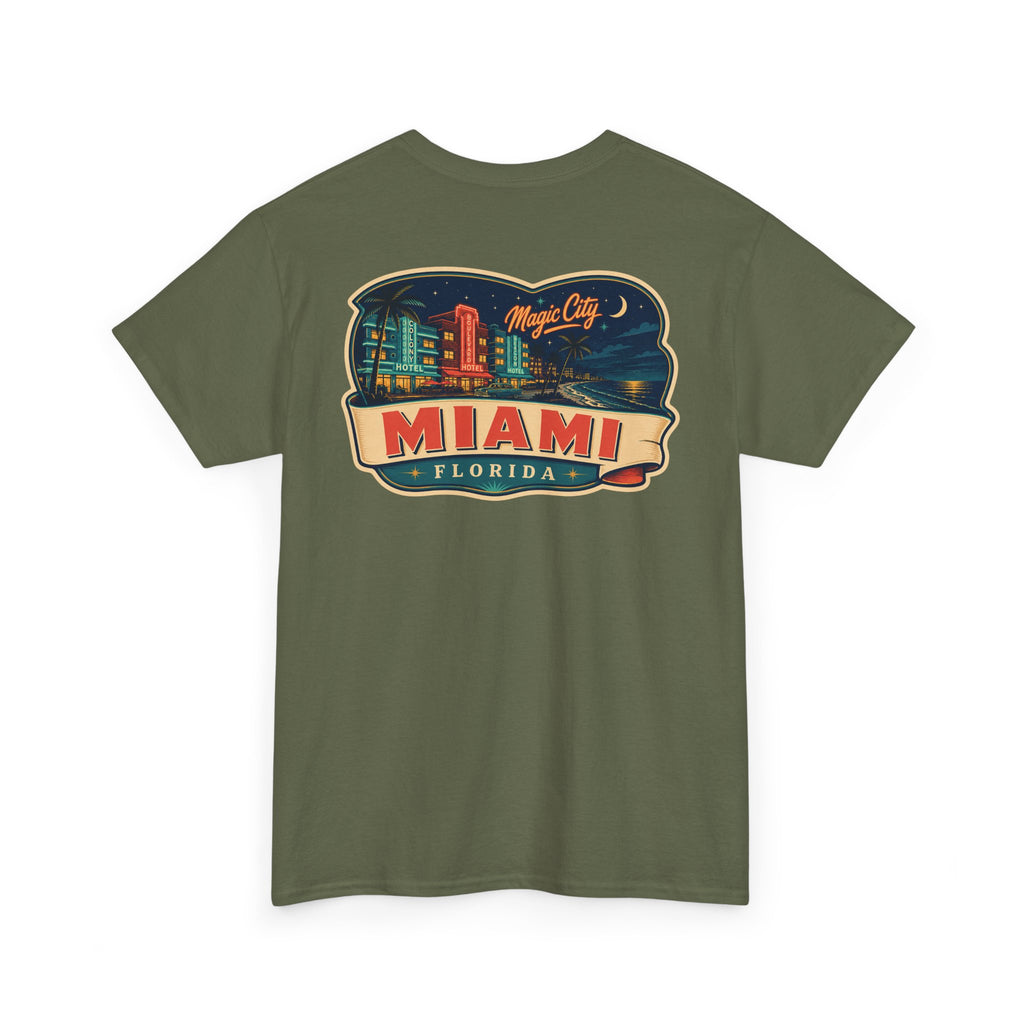 Olive green T-shirt with Miami luggage tag graphic on the chest