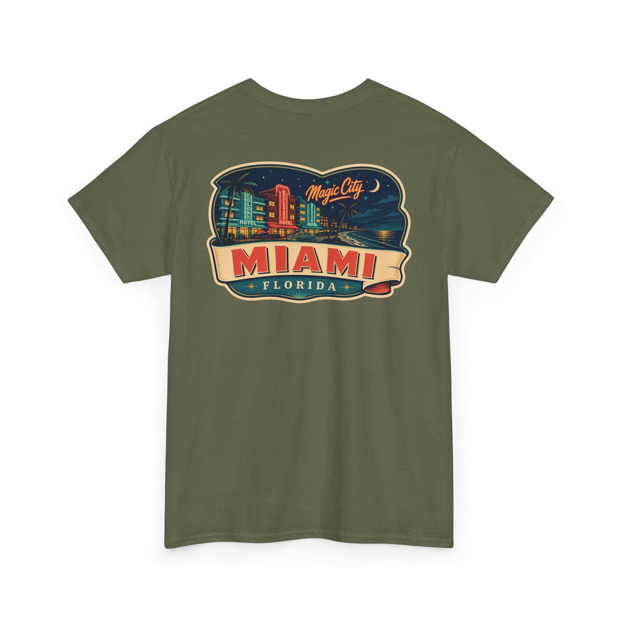 Olive green T-shirt with Miami luggage tag graphic on the chest