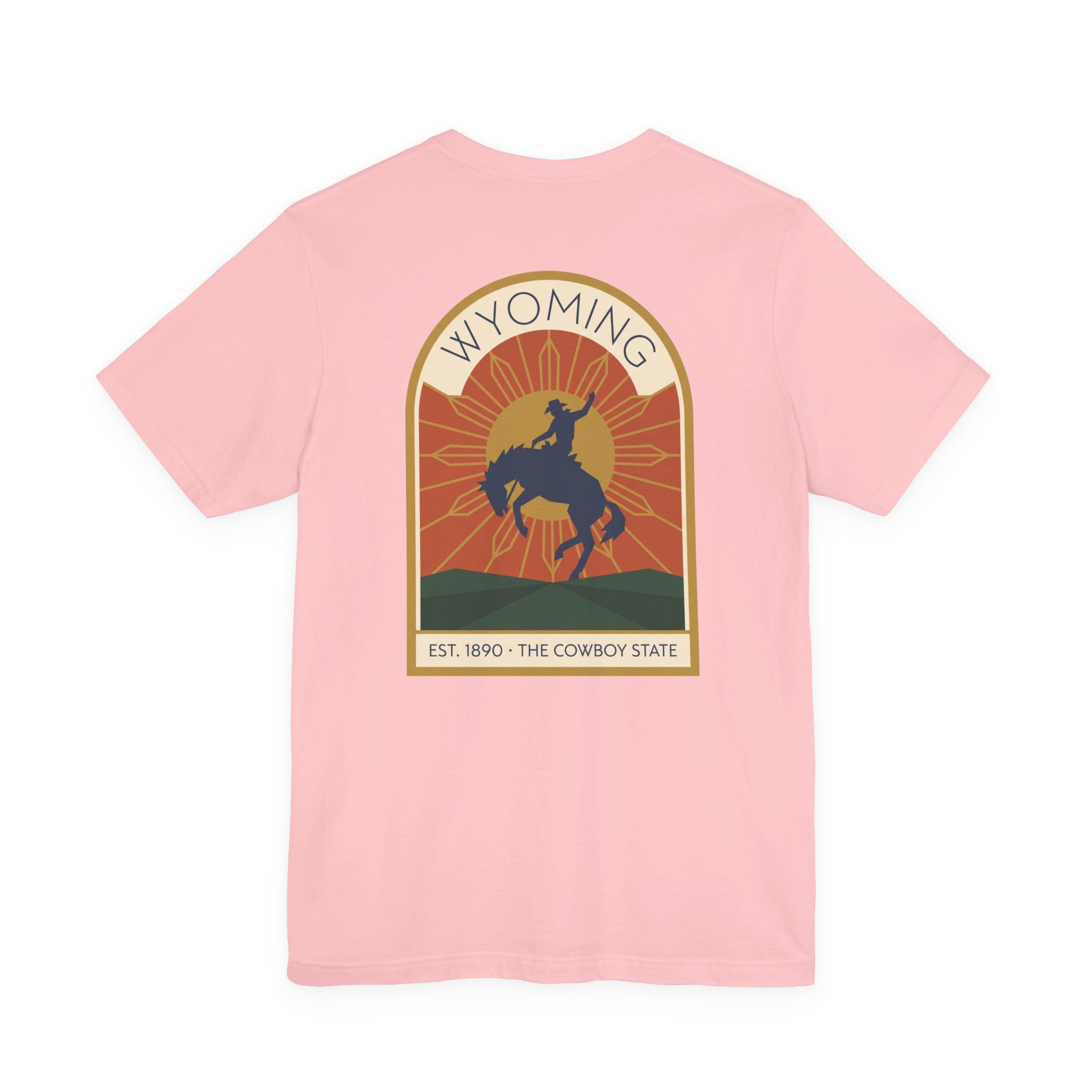 Pink crew-neck T-shirt with large Wyoming rodeo bucking bronco graphic on chest