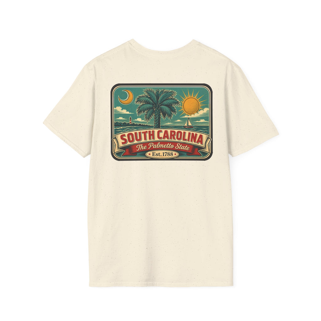 Off-white T-shirt with South Carolina palm graphic patch and Est. 1788 text