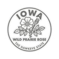 Transparent circular vinyl sticker with Iowa lettering and wild prairie rose text