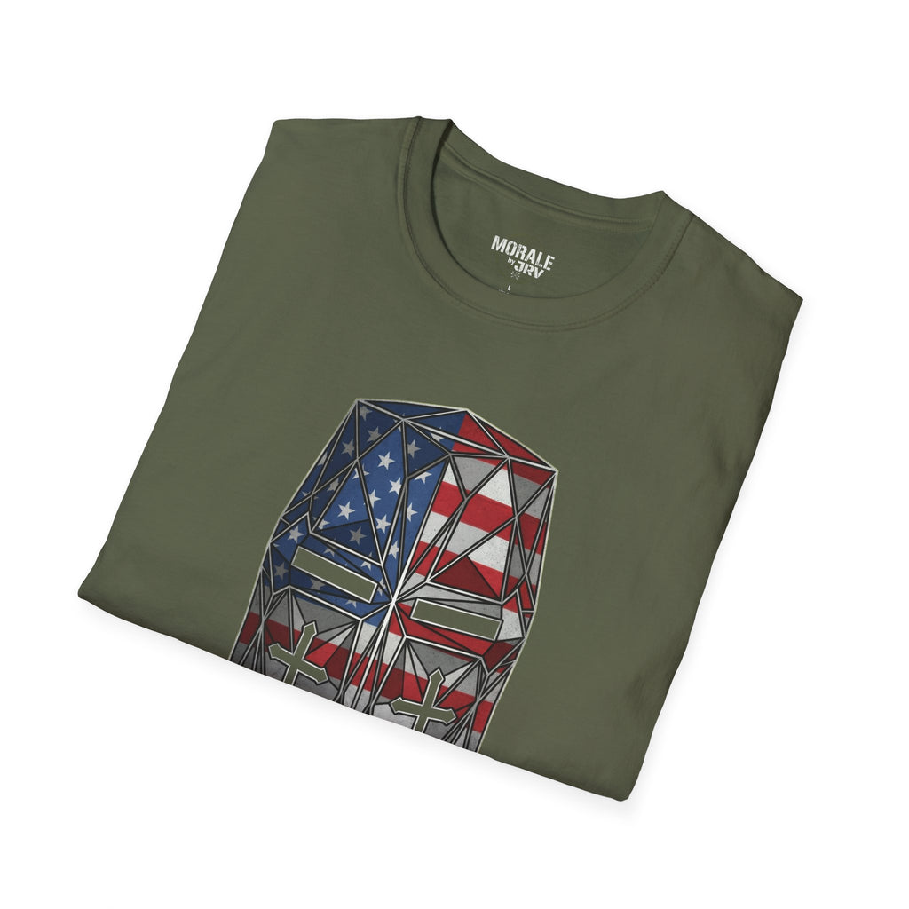 Military green T-shirt with flag cube knight graphic on front