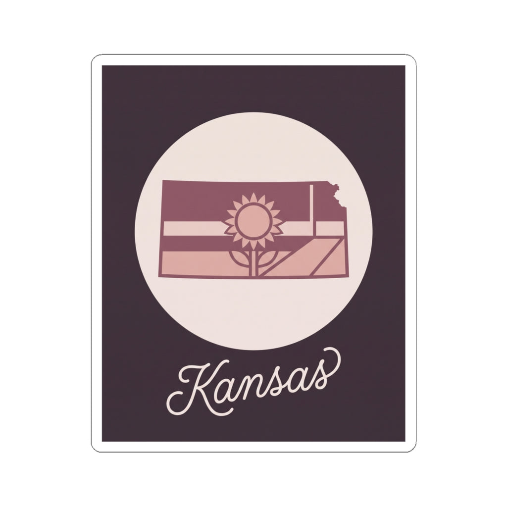 Mauve Kansas state silhouette kiss-cut vinyl decal with sun and “Kansas” script text