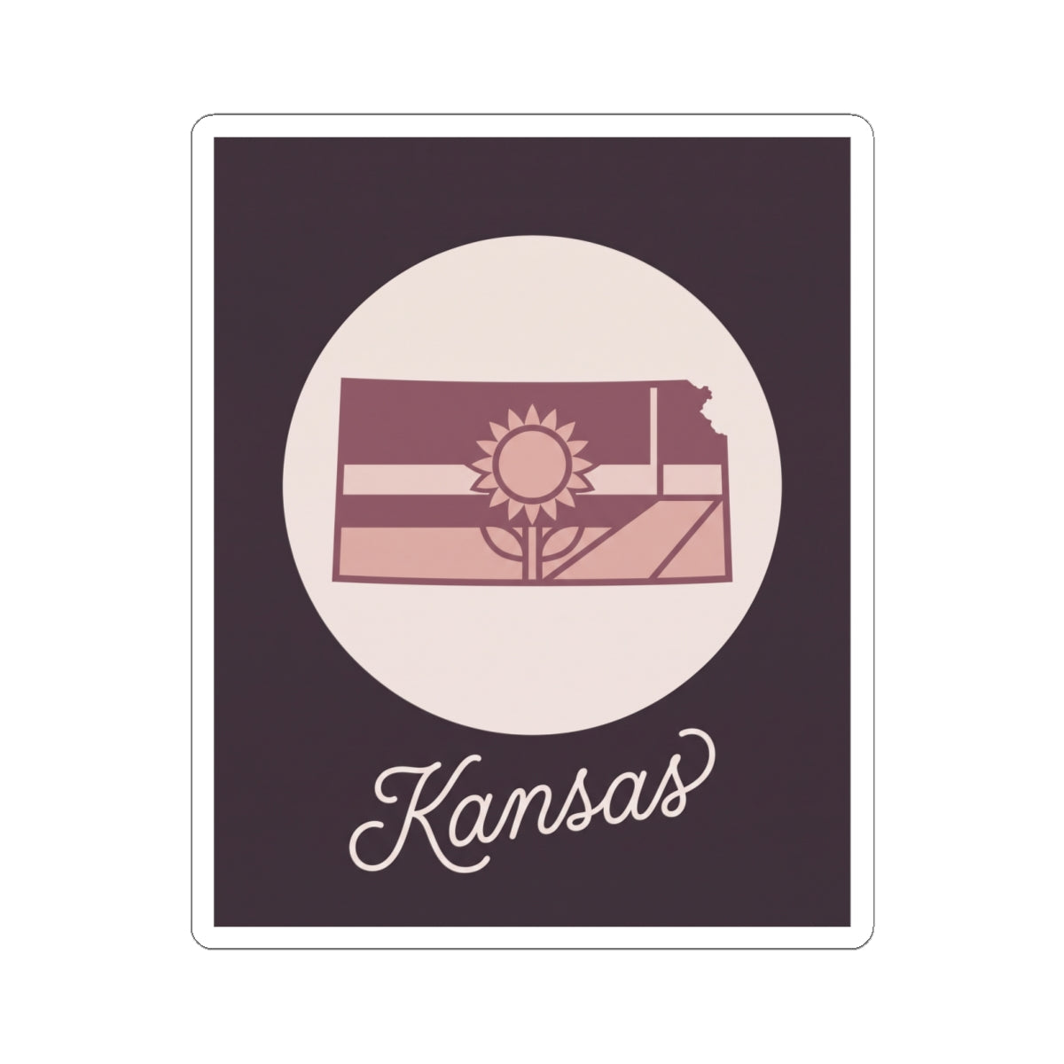 Mauve Kansas state silhouette kiss-cut vinyl decal with sun and “Kansas” script text