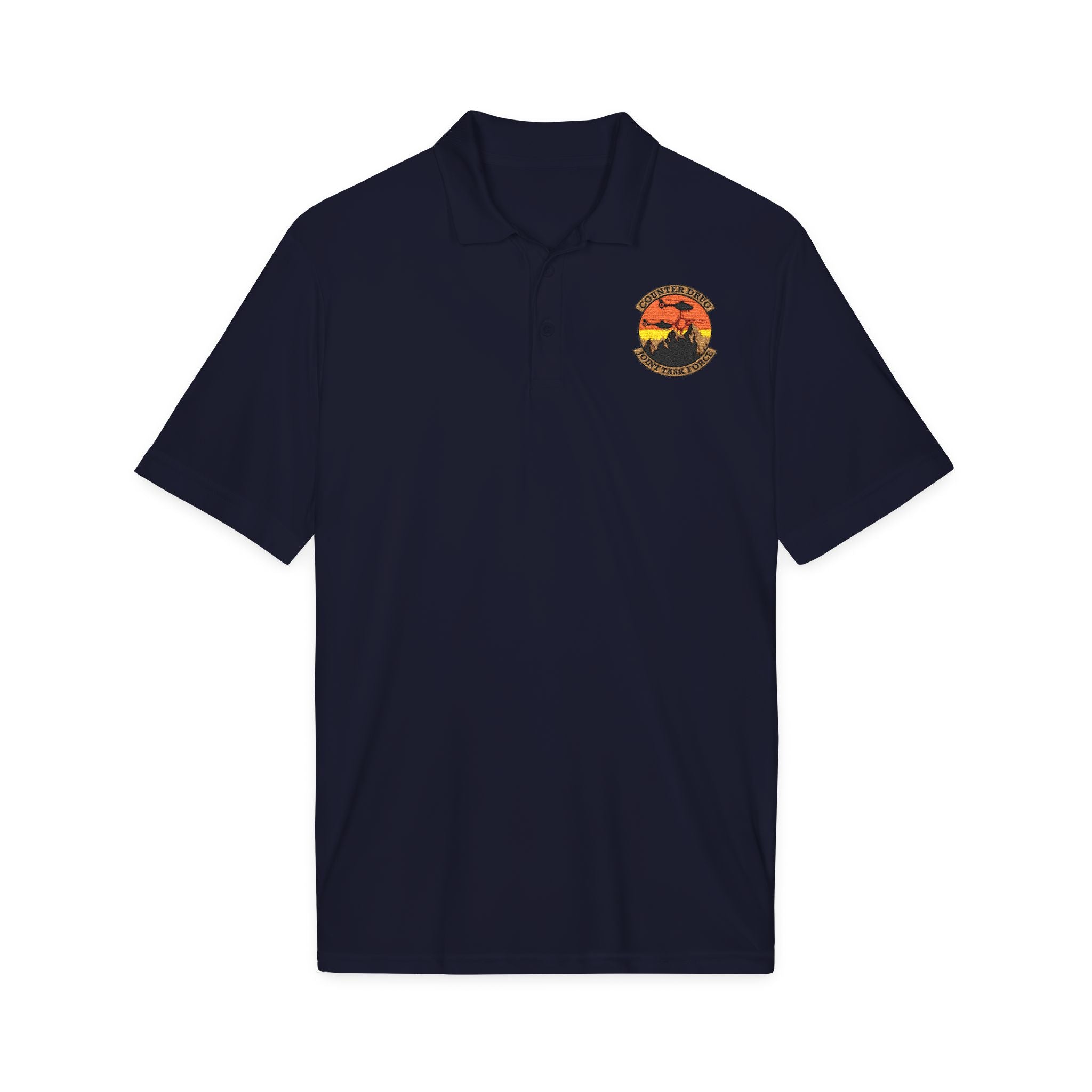 Navy polo shirt with embroidered crest on chest, short sleeves, button placket