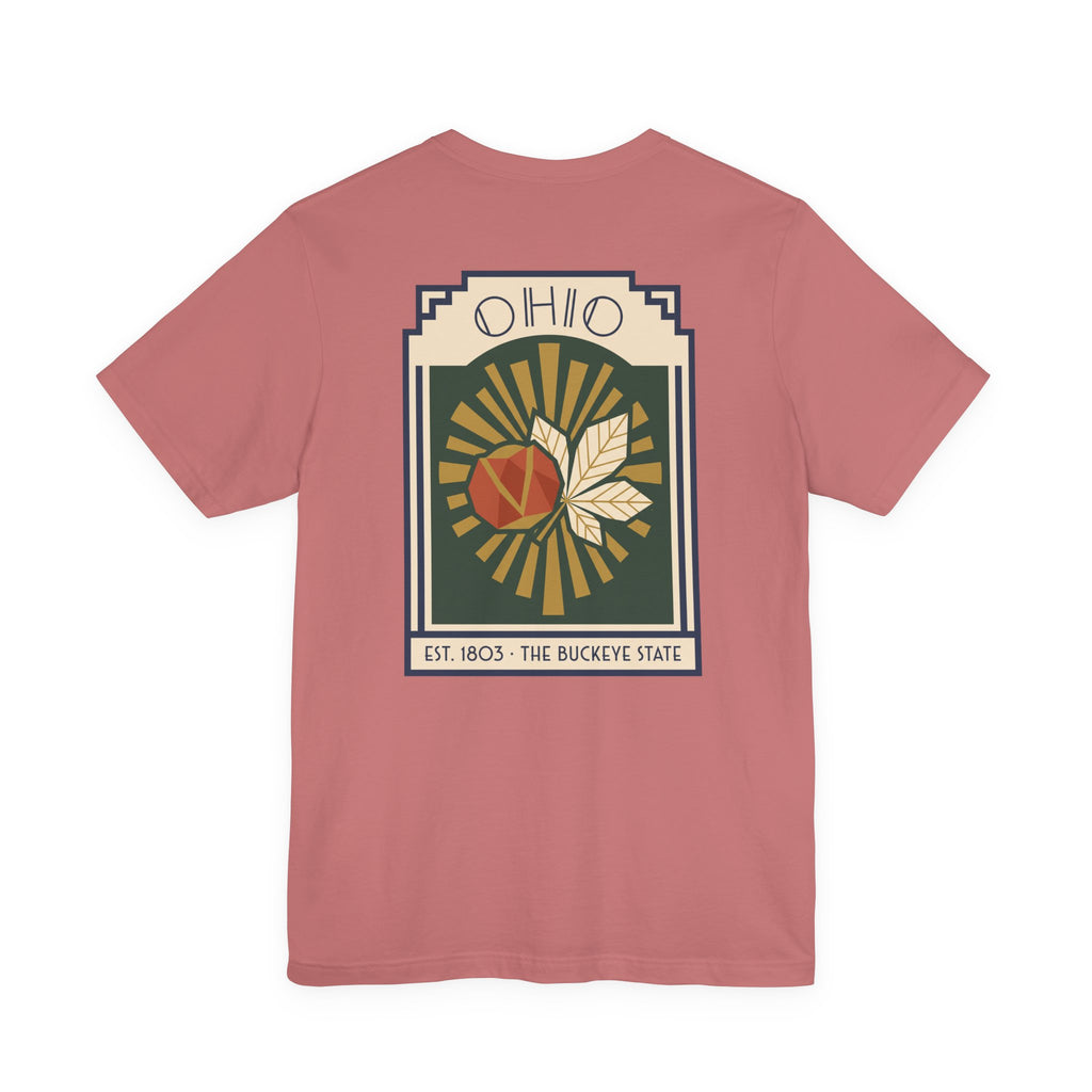 Rose pink T-shirt with Ohio sunburst art deco graphic front