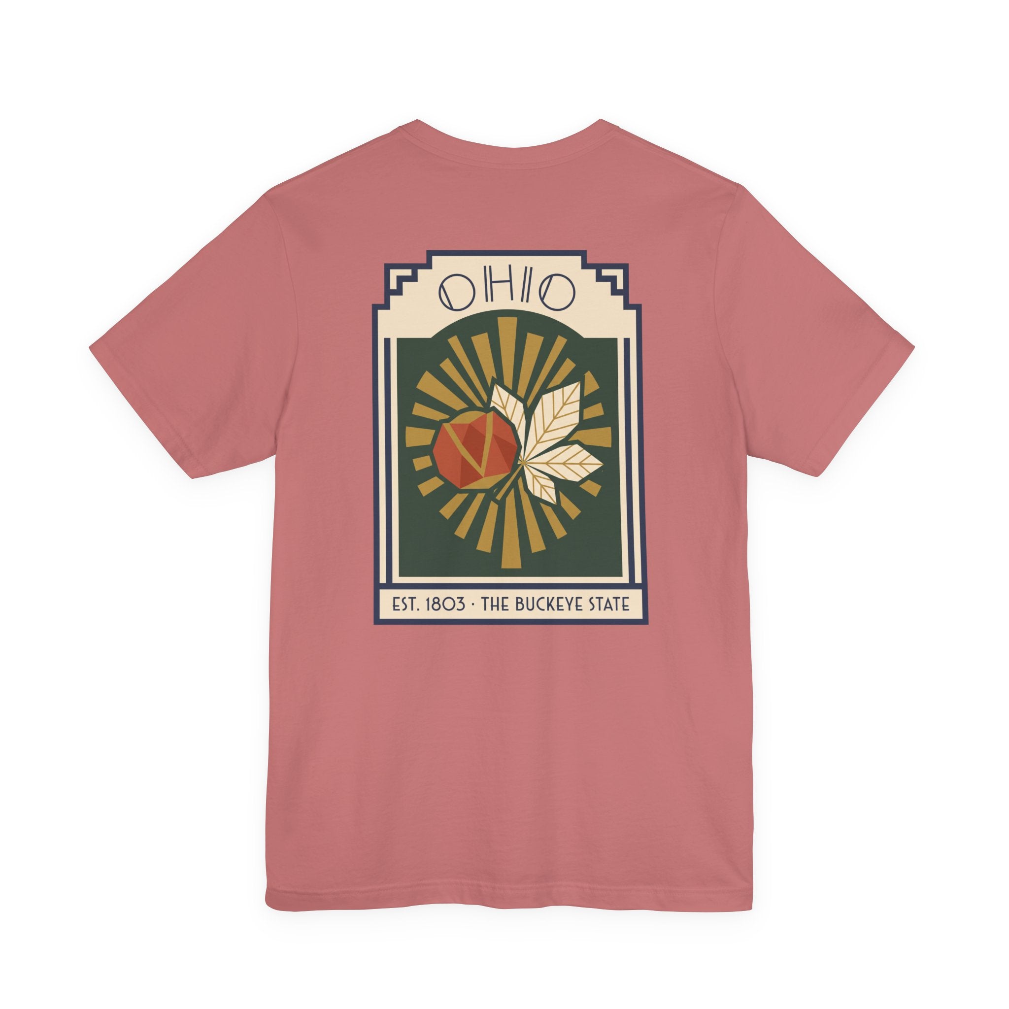 Rose pink T-shirt with Ohio sunburst art deco graphic front
