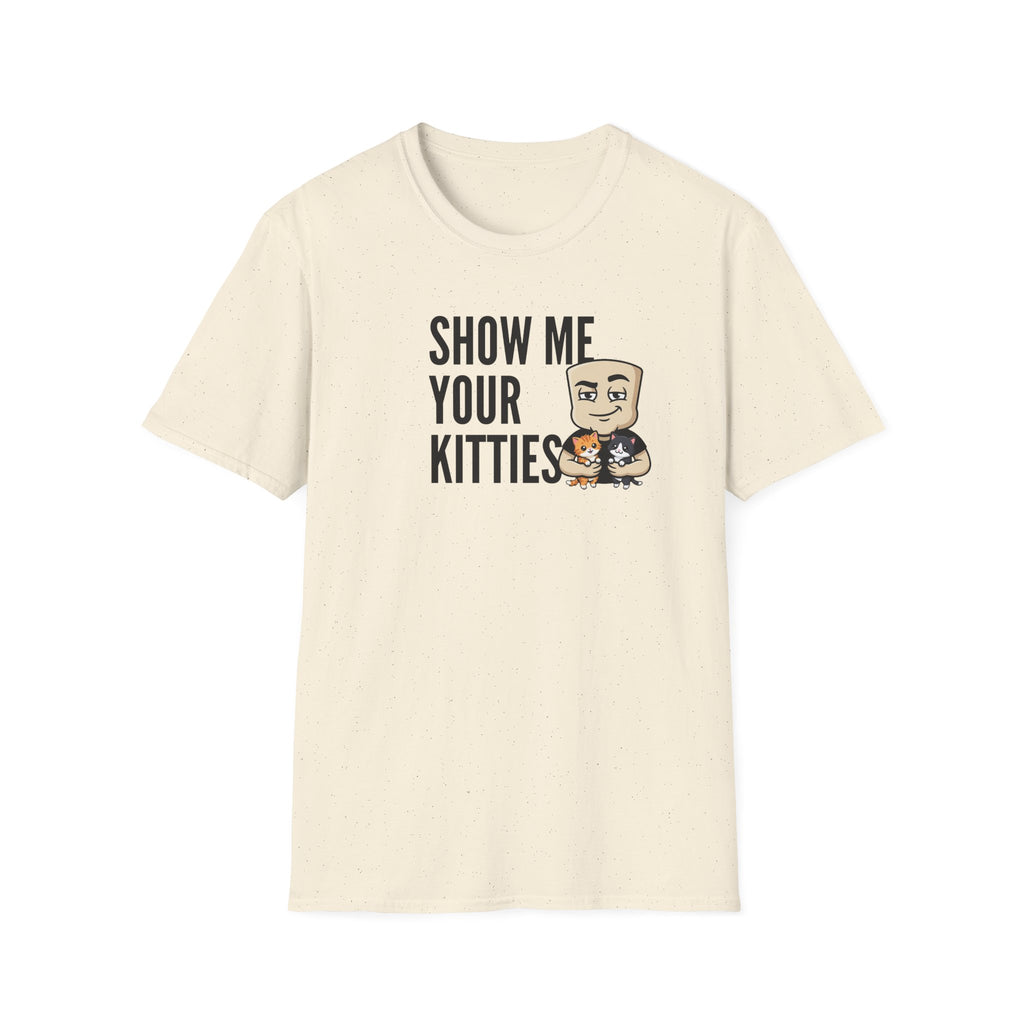 Cream T-shirt front with 'SHOW ME YOUR KITTIES' cat character print