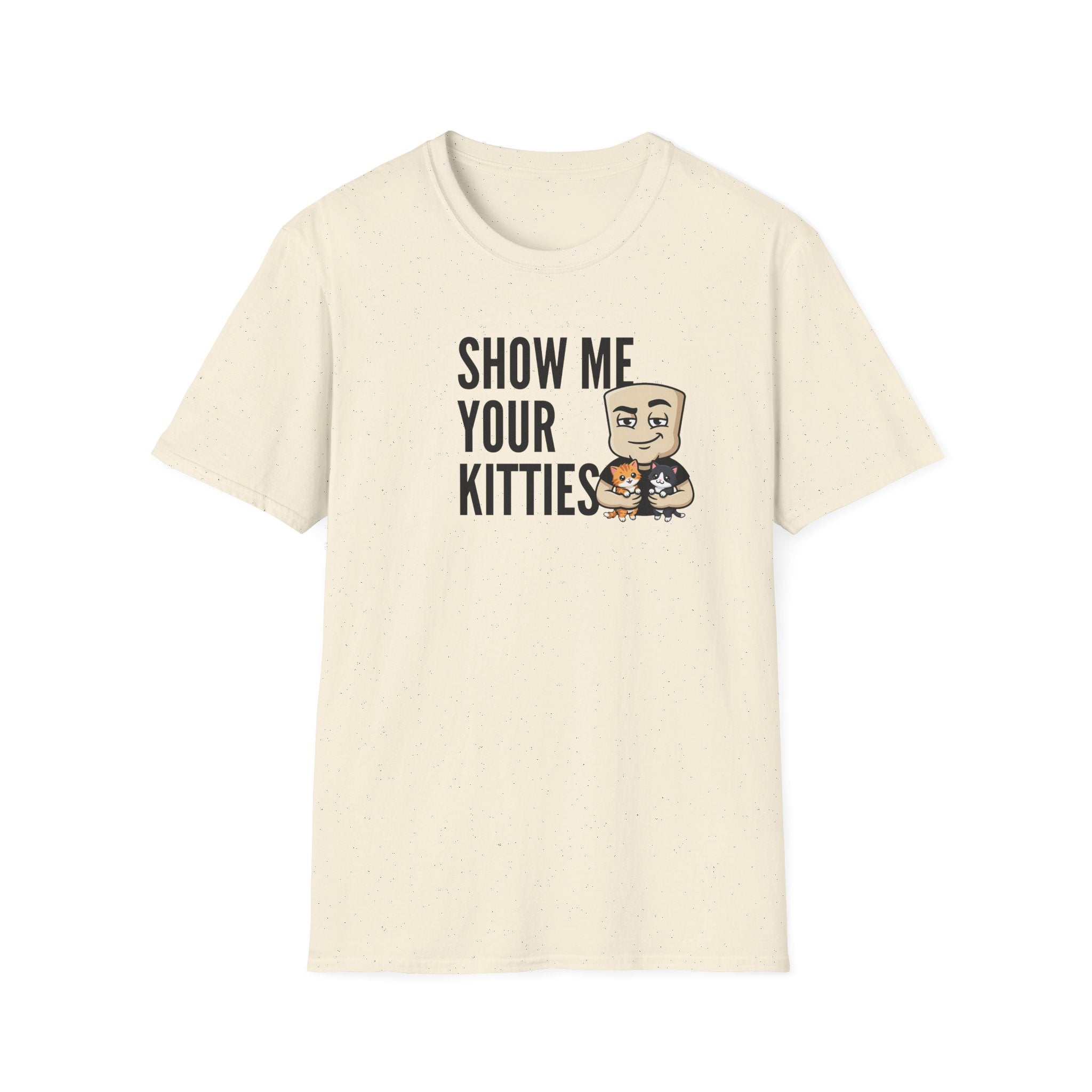 Cream T-shirt front with 'SHOW ME YOUR KITTIES' cat character print