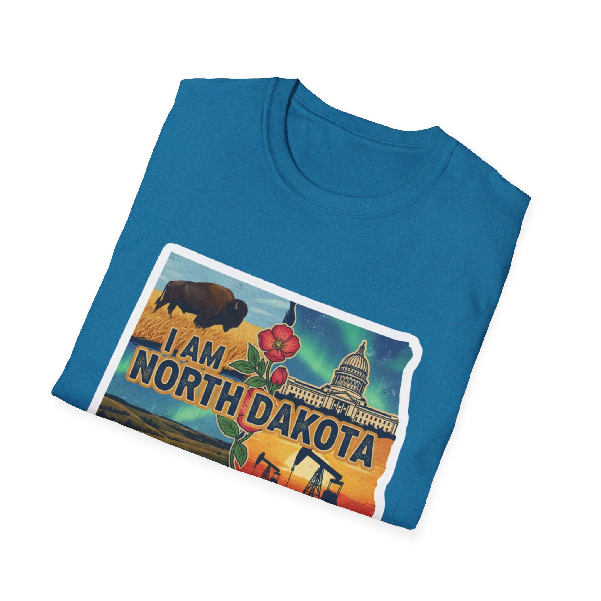 I Am North Dakota T-Shirt, kräftiges Blau, Frontprint mit Büffel & Capitol