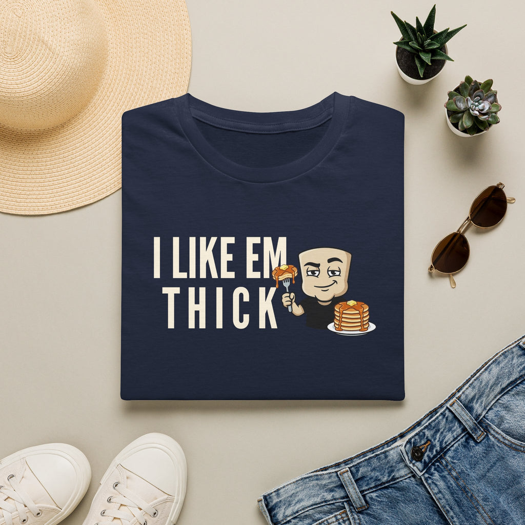 Navy T-shirt with “I Like Em Thick” pancake graphic on the front