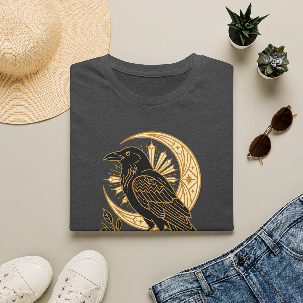 Charcoal gray raven graphic T-shirt with gold crescent moon and Nevermore emblem