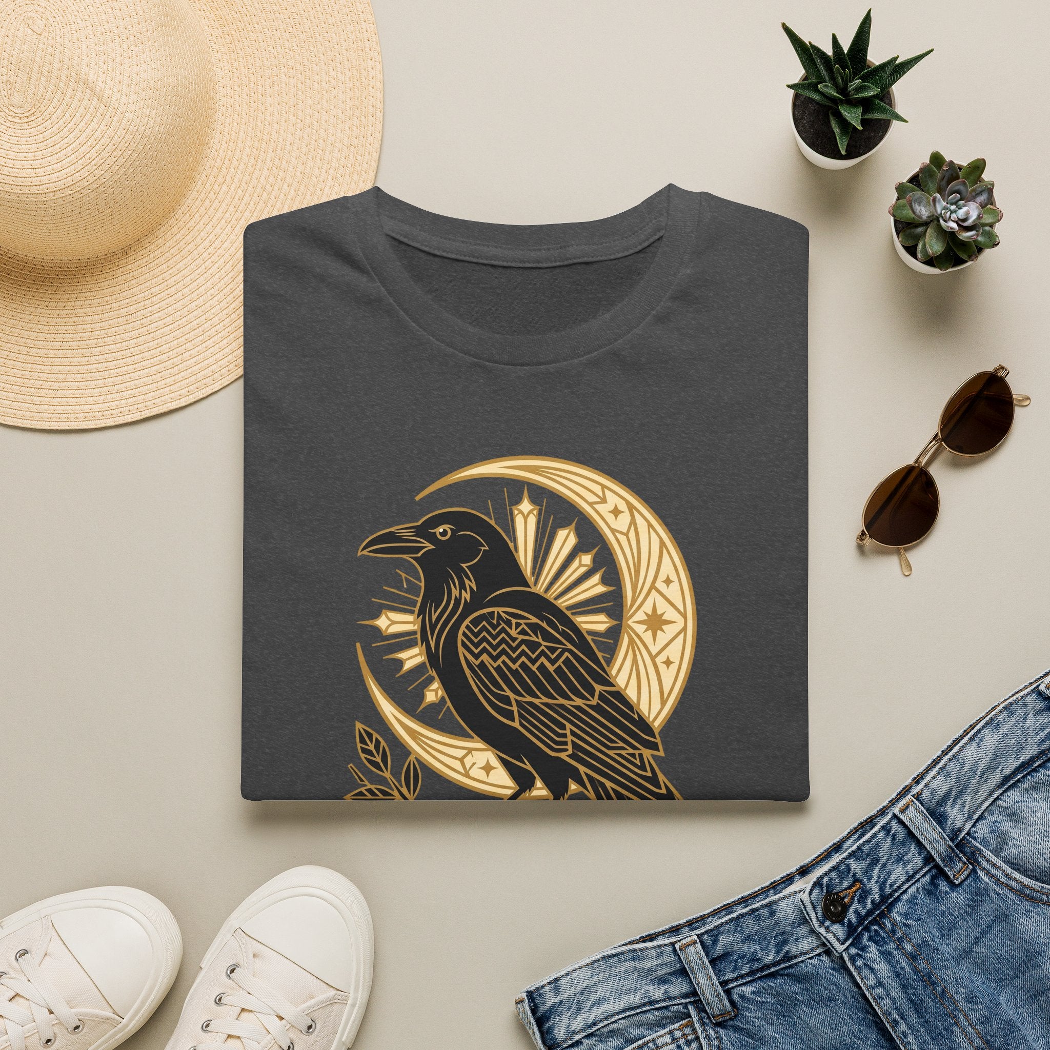 Charcoal gray raven graphic T-shirt with gold crescent moon and Nevermore emblem