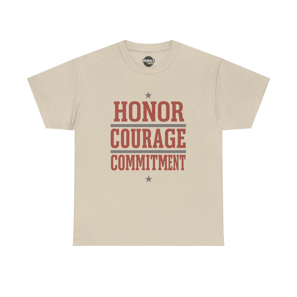 Beige crew-neck T-shirt with HONOR COURAGE COMMITMENT graphic and stars
