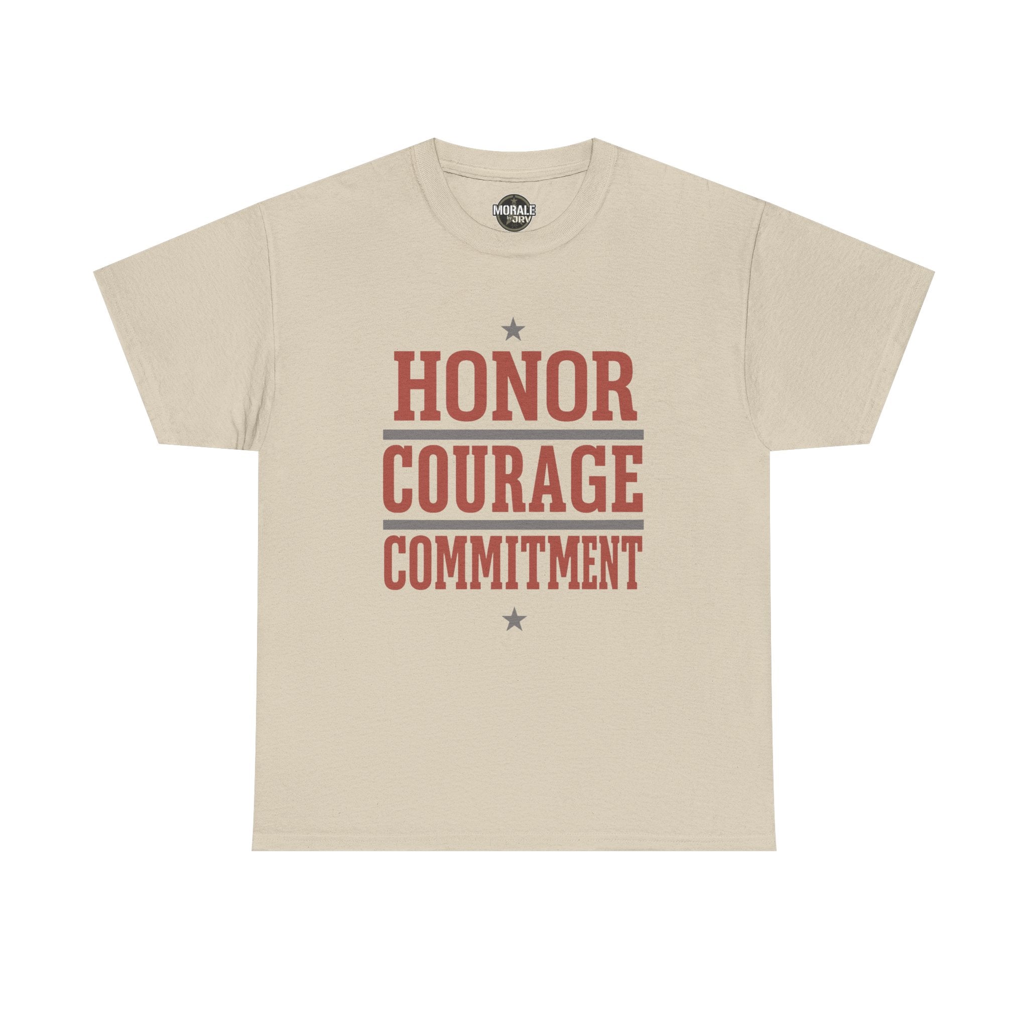 Beige crew-neck T-shirt with HONOR COURAGE COMMITMENT graphic and stars