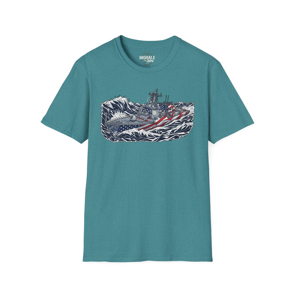 American flag battleship graphic T-shirt, teal with navy warship over striped wave artwork