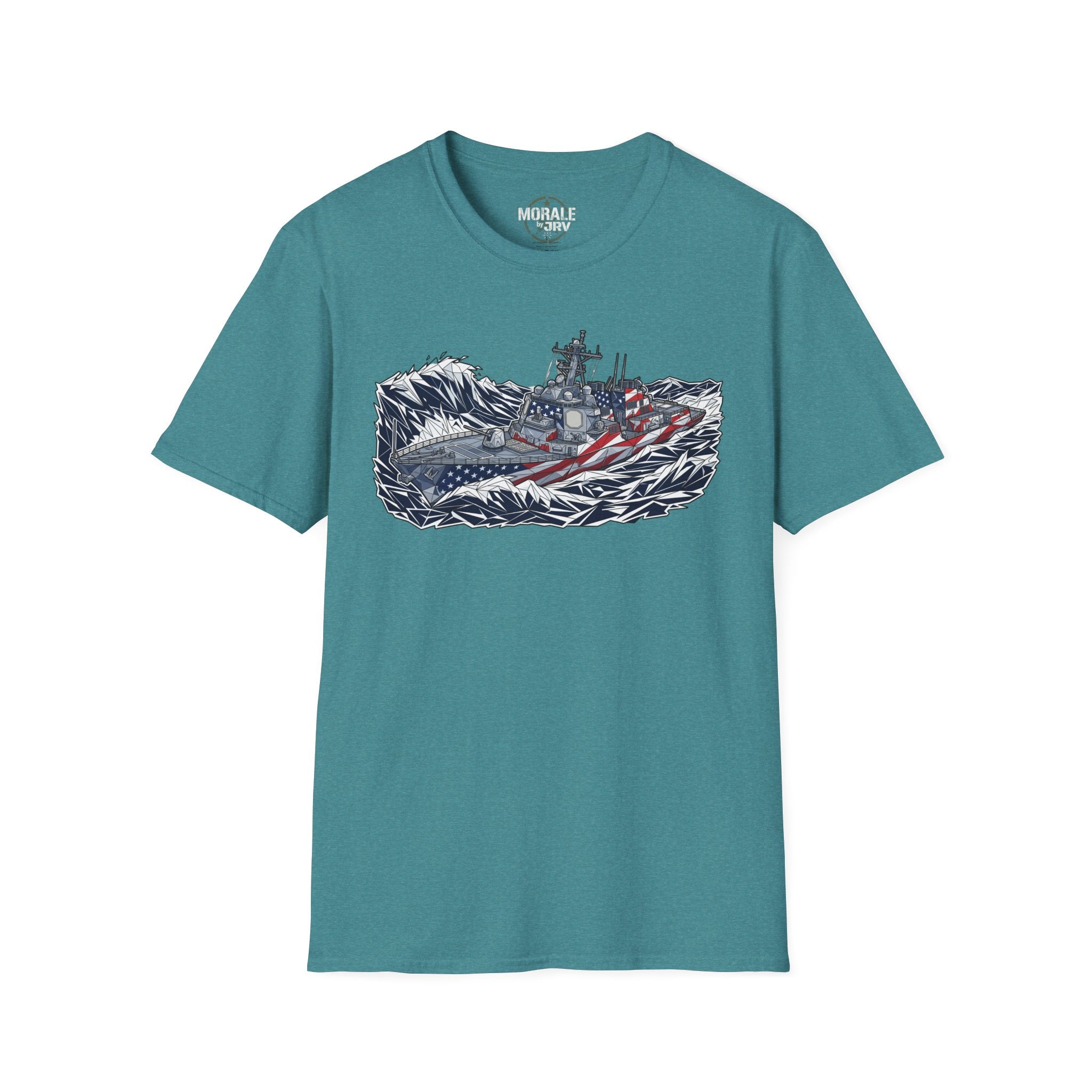 American flag battleship graphic T-shirt, teal with navy warship over striped wave artwork