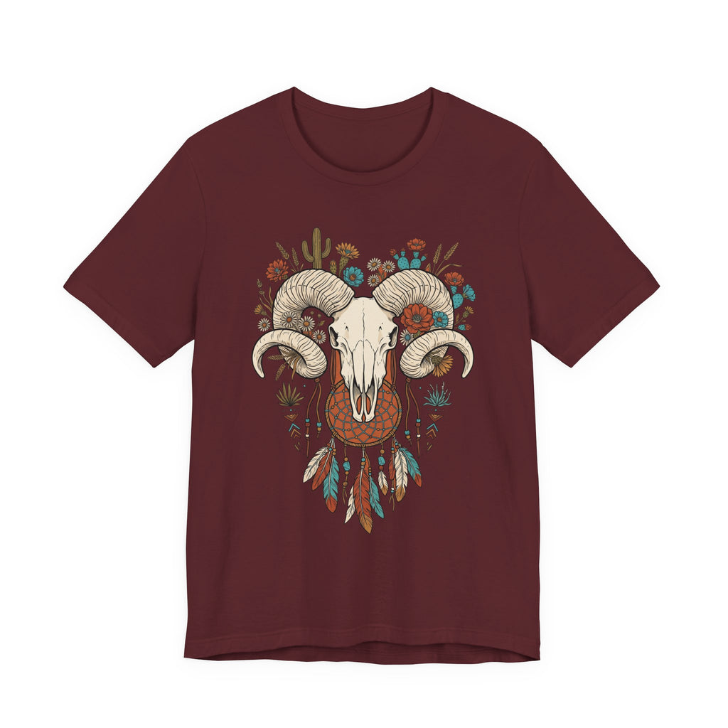 Ram skull with horns graphic T-shirt, maroon front