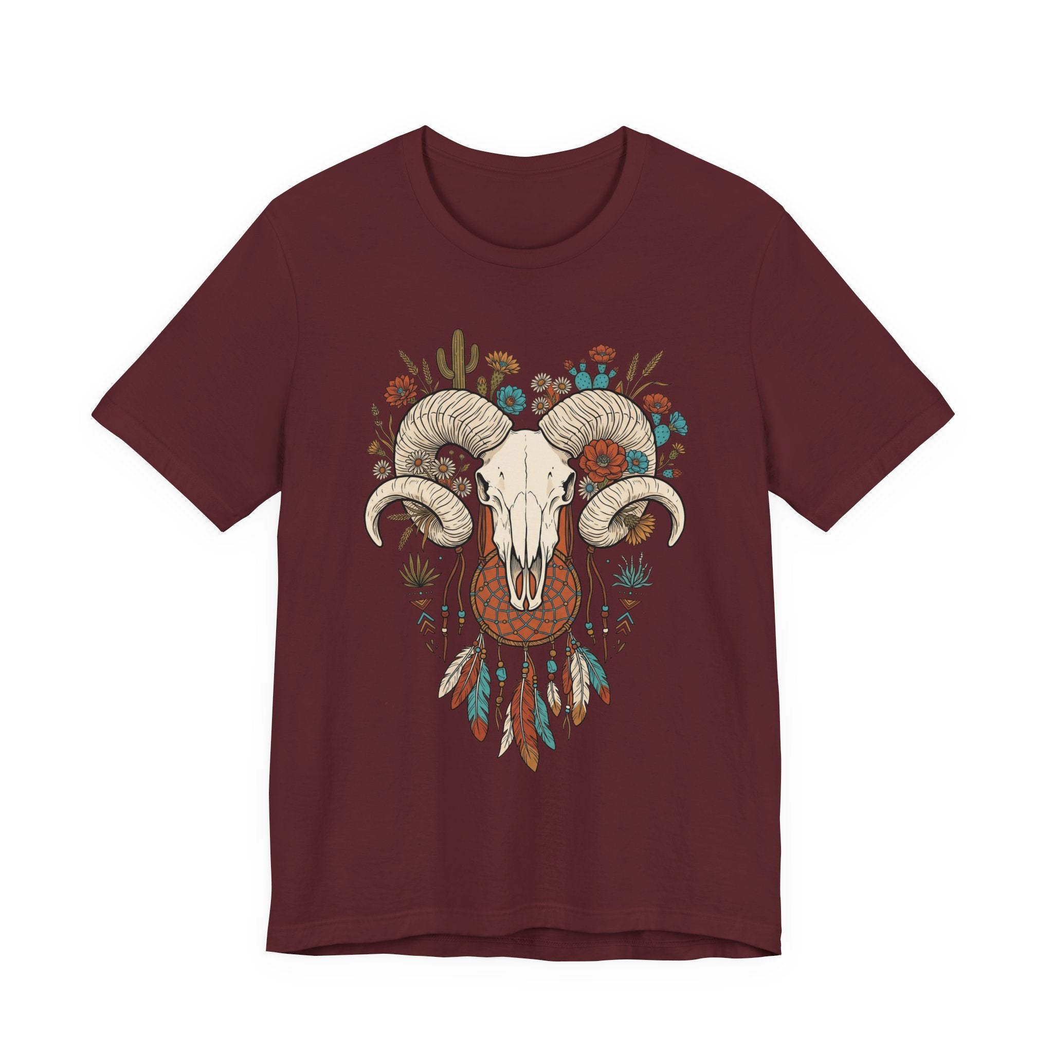 Ram skull with horns graphic T-shirt, maroon front
