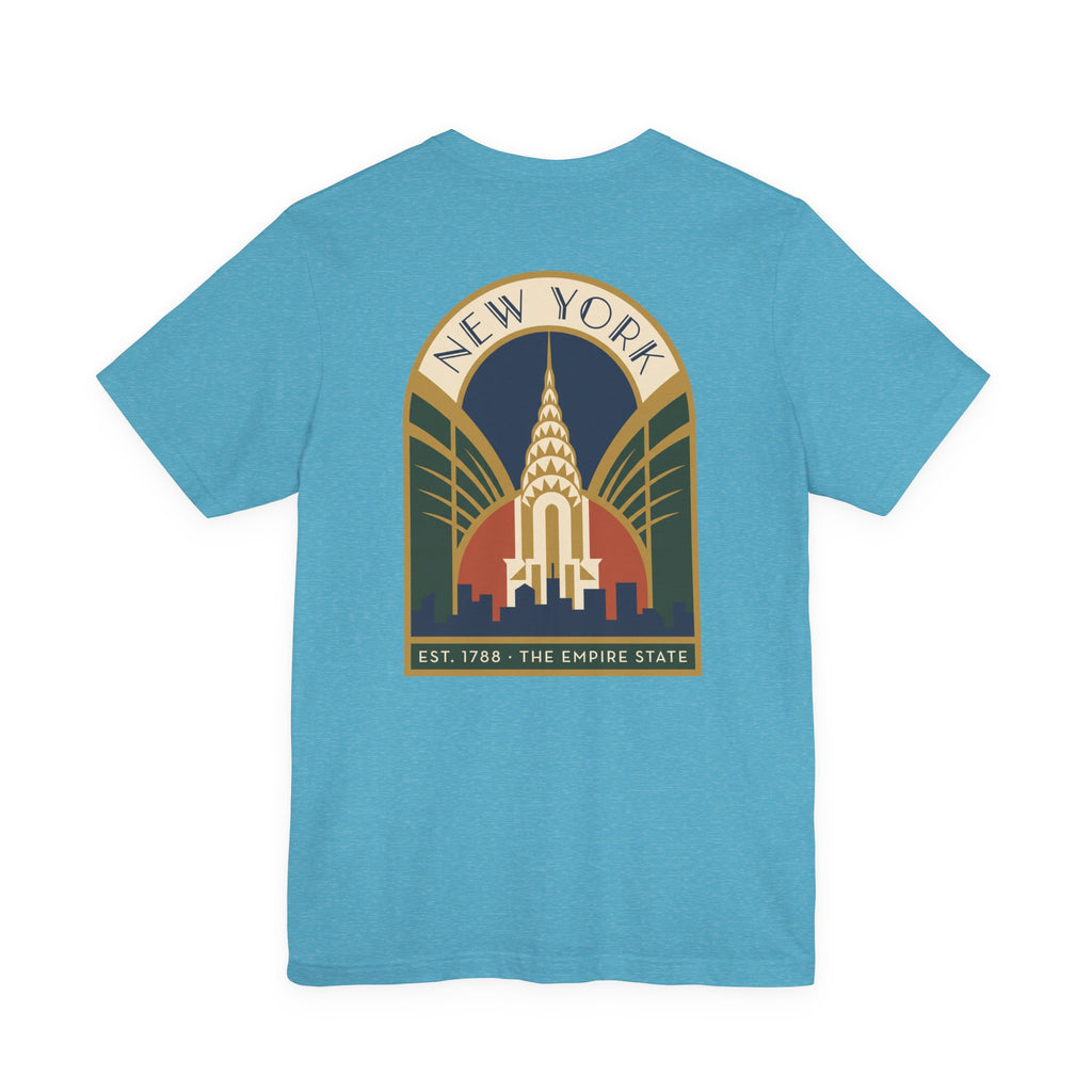Blue T-shirt with Art Deco New York skyline emblem graphic, arched text