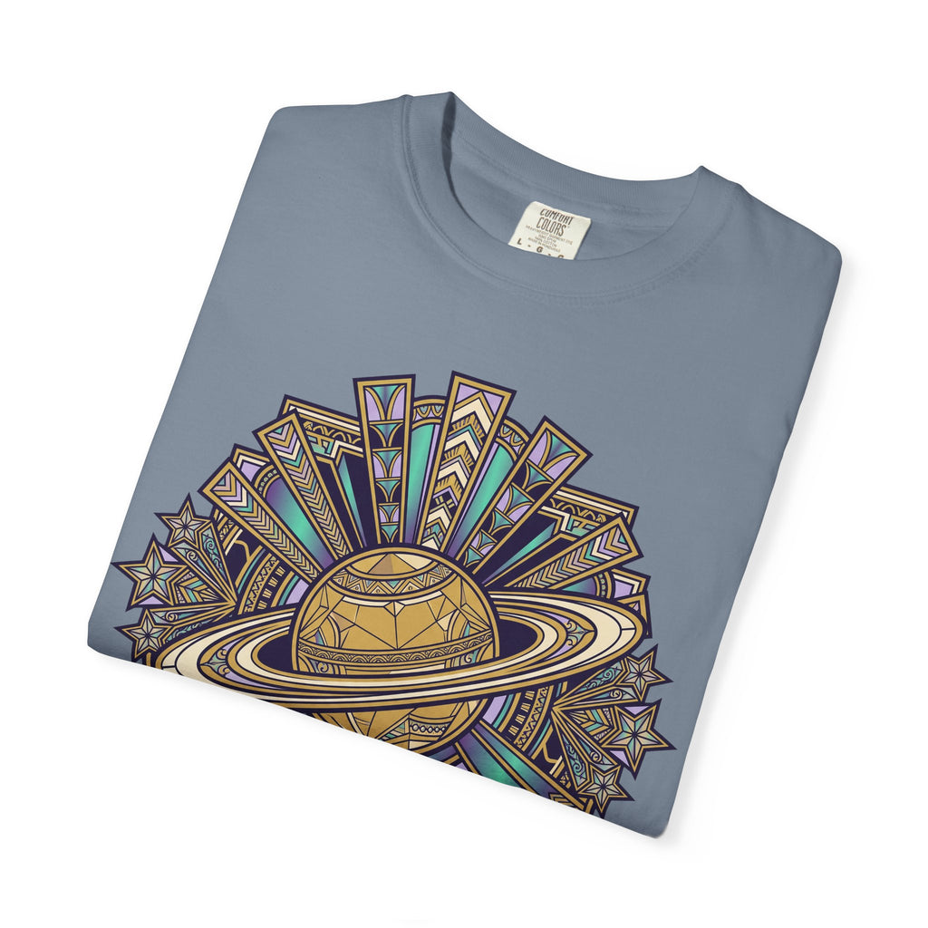 Blue t-shirt with large celestial planet and rings graphic on the front