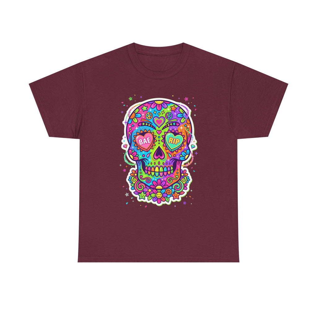 Maroon T-shirt with colorful sugar skull graphic, BAE & RIP heart eyes