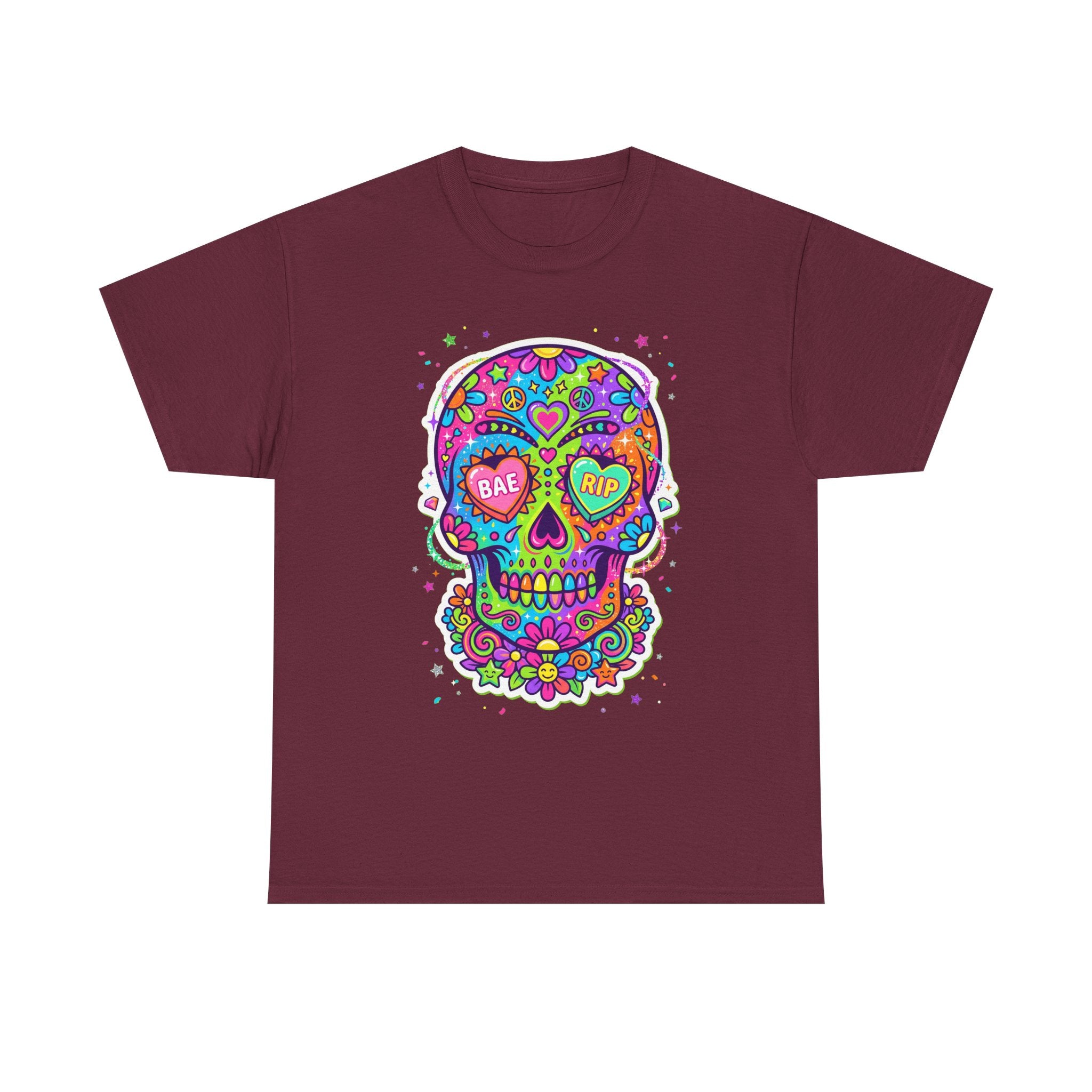 Maroon T-shirt with colorful sugar skull graphic, BAE & RIP heart eyes