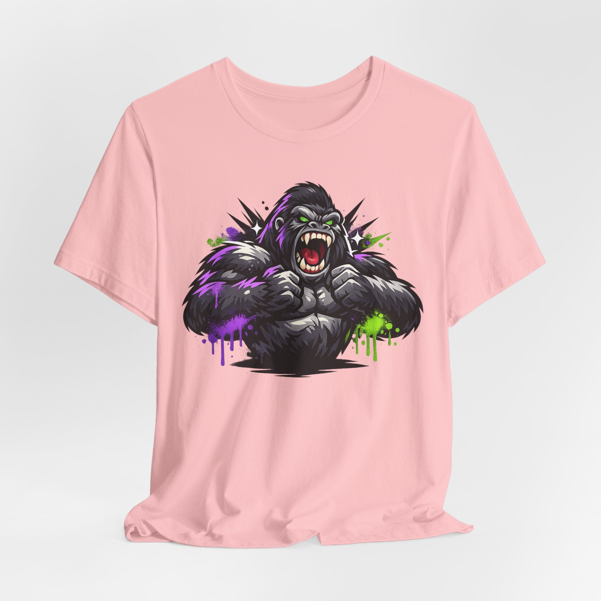 Pink crewneck T-shirt featuring roaring gorilla graphic with purple and green splatter