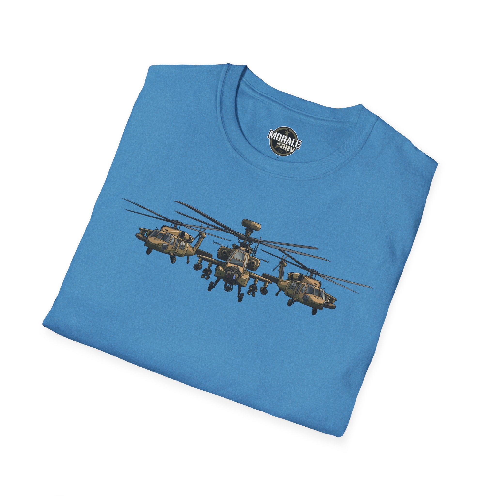 Apache Attack Helicopter T-shirt, blue folded with helicopter formation print