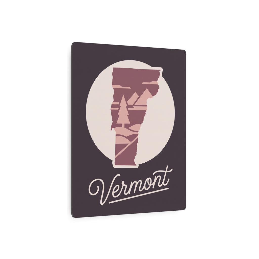 Mauve Vermont state silhouette metal wall art with “Vermont” script, dark square