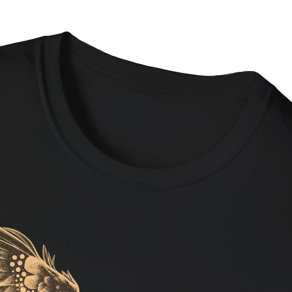 Black crewneck short-sleeve T-shirt with gold eagle graphic detail at chest