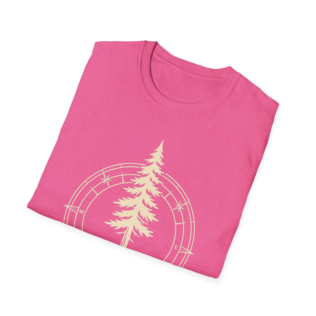 Pine Tree Mountain compass T-shirt in pink with pine tree and circular compass graphic