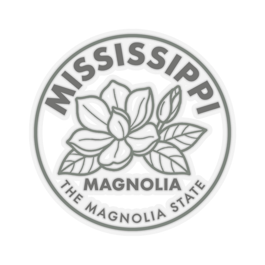Transparent vinyl sticker with round Mississippi state magnolia flower seal graphic