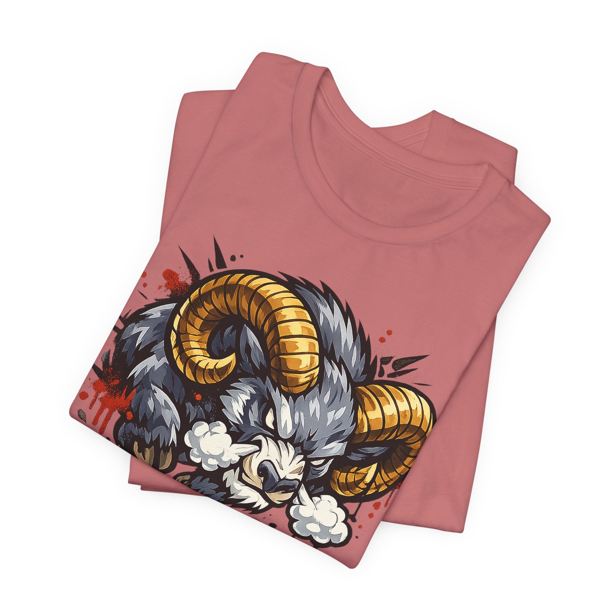 Dusty pink T-shirt with charging ram graphic on front.