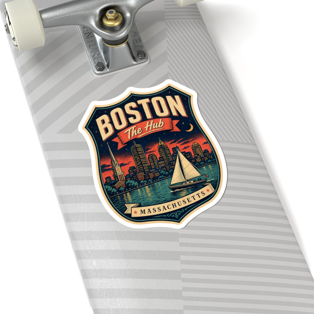 Boston “The Hub” luggage tag sticker on a suitcase, shield design with sailboat