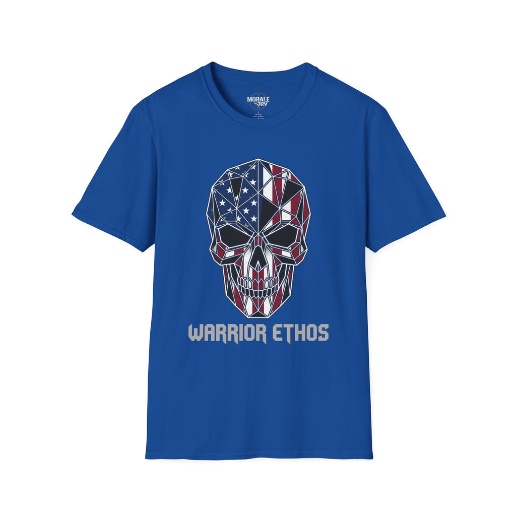 American Flag Skull Warrior Ethos T-Shirt, royal blue with flag skull and “WARRIOR ETHOS”