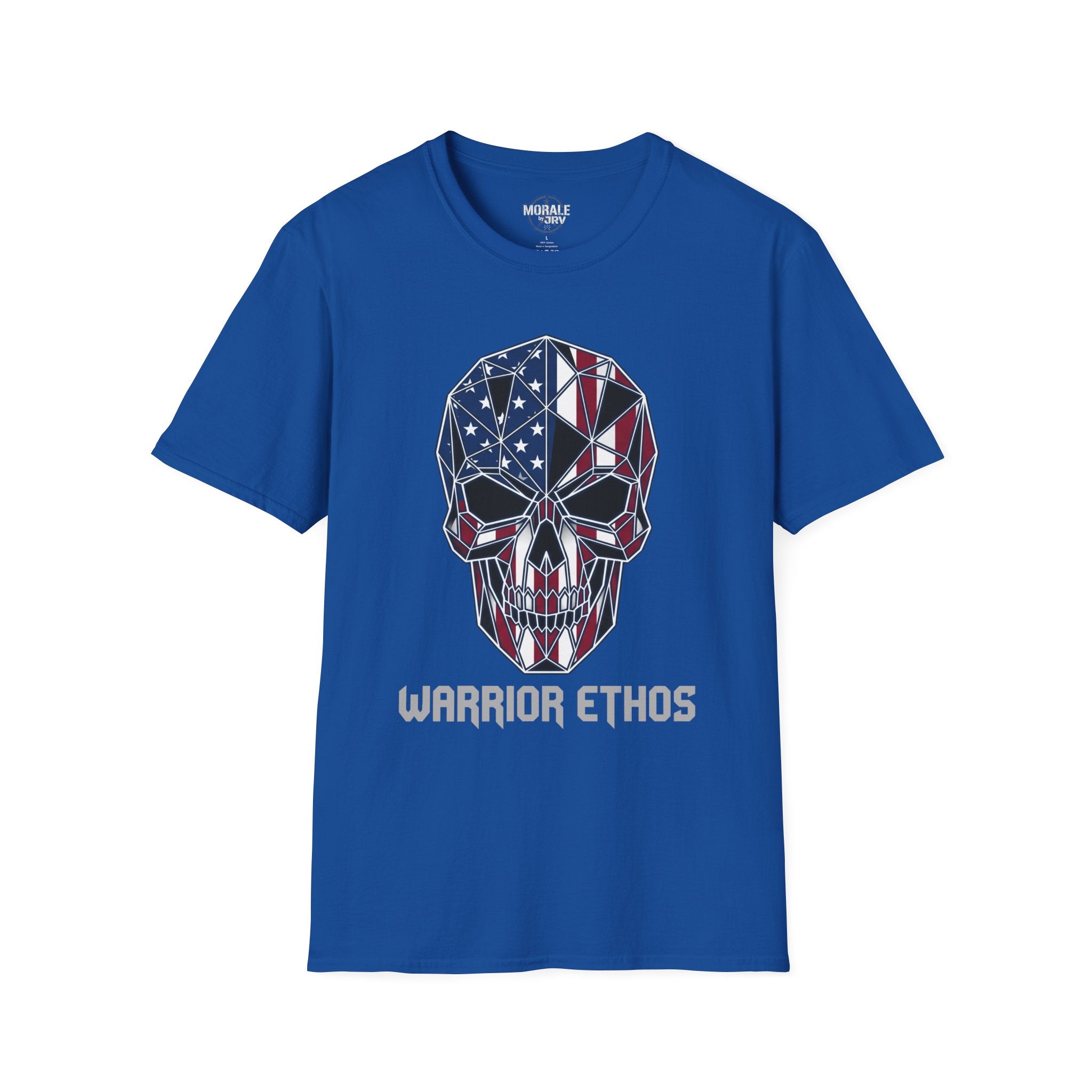 American Flag Skull Warrior Ethos T-Shirt, royal blue with flag skull and “WARRIOR ETHOS”