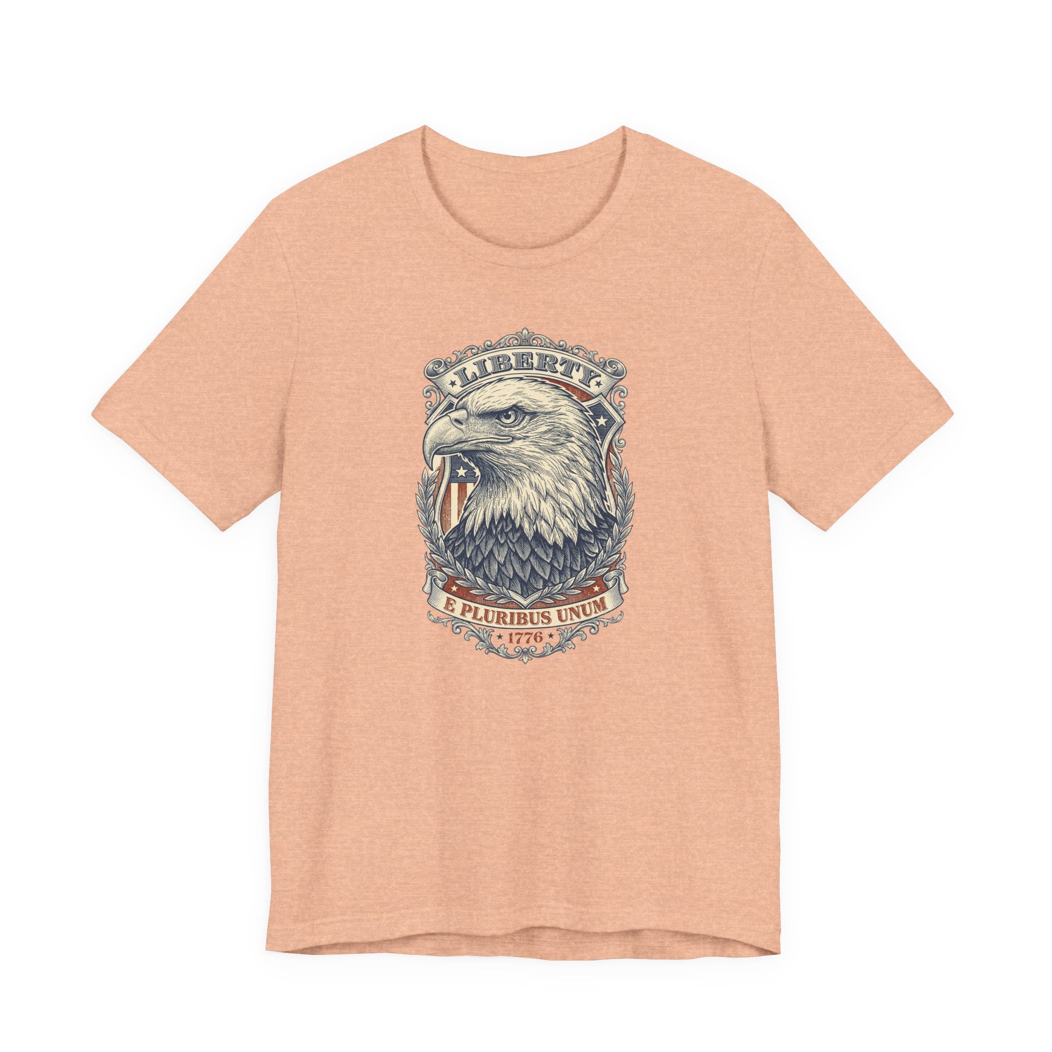 Eagle graphic tee in coral with Liberty badge and bald eagle head print