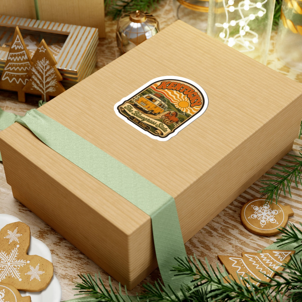 Kentucky retro van and horse scenic sticker on a wrapped gift box
