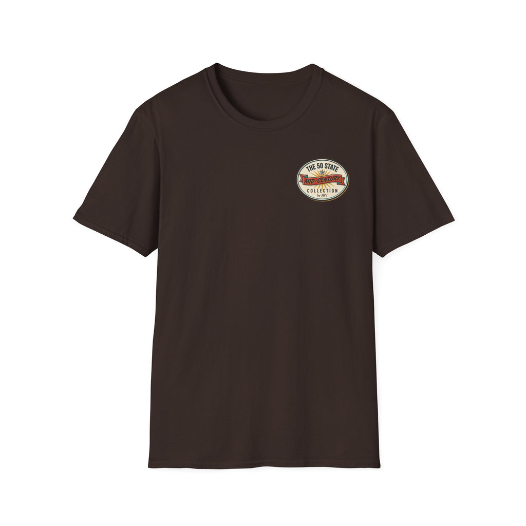 Dark brown T-shirt with small round logo patch on left chest