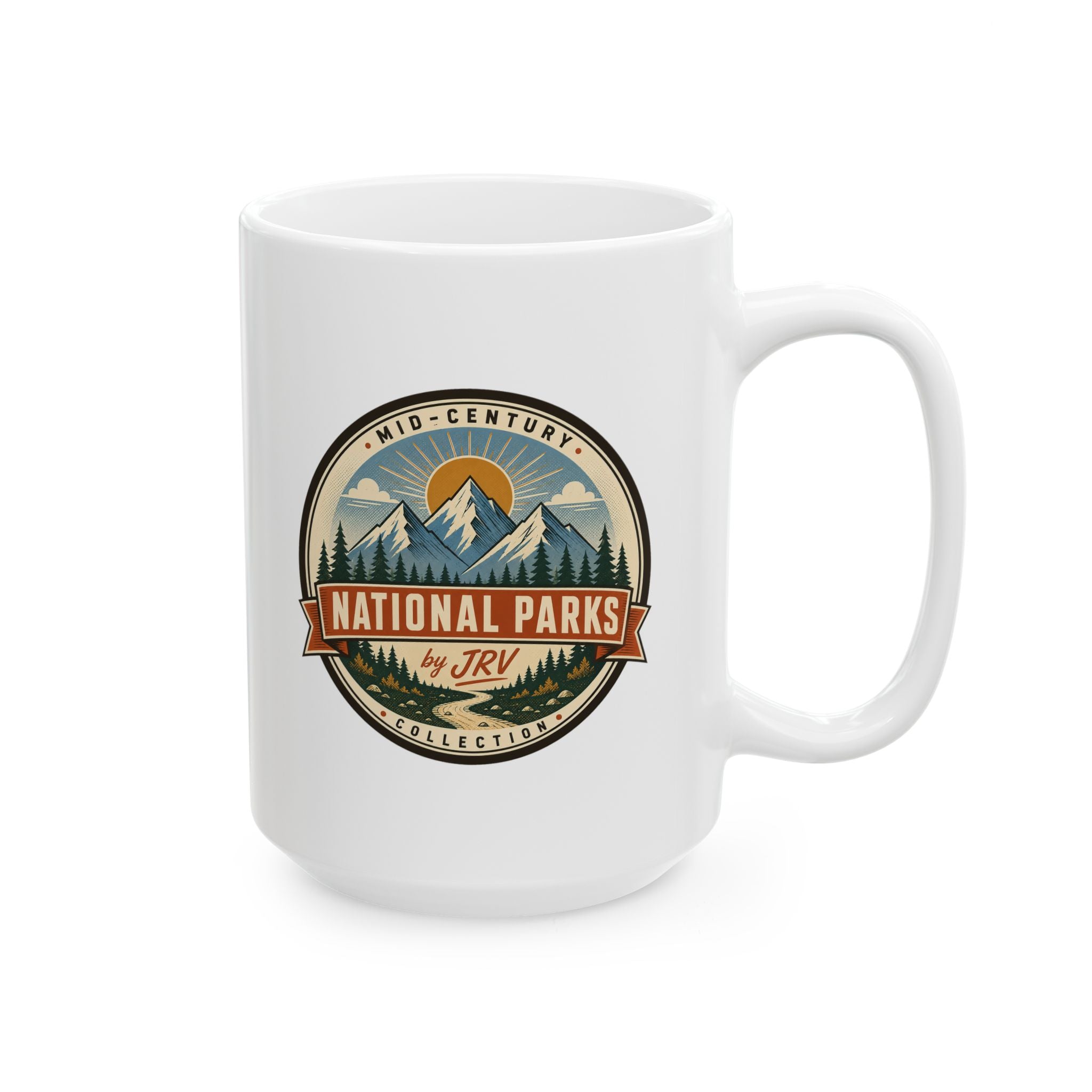 White ceramic coffee mug with front National Parks by JRV logo and side handle.
