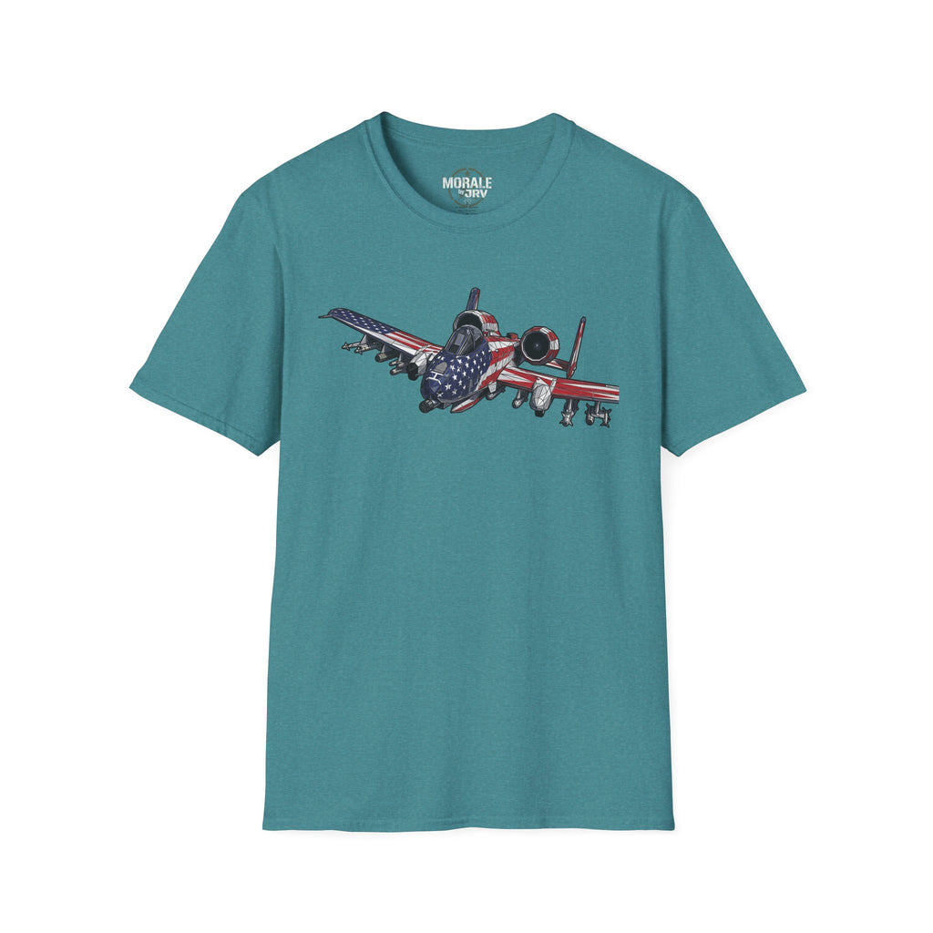Heather teal A-10 Warthog T-shirt with red-and-blue flag jet graphic